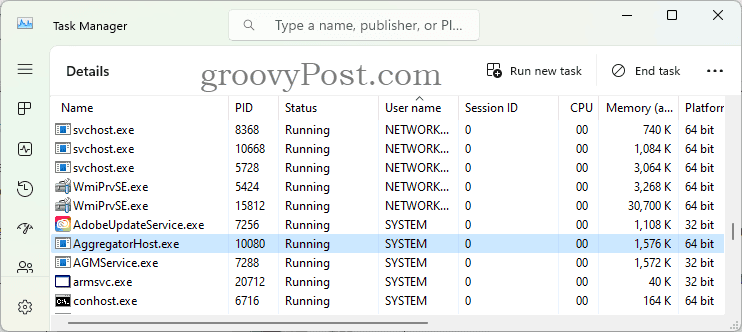 AggregatorHost.exe работает в фоновом режиме, как видно в диспетчере задач.