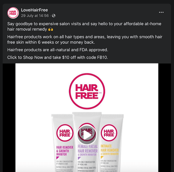 пост в фейсбуке от lovehair: бесплатно отмечая их продукты для удаления волос, сравнивая их с дорогими визитами в салон