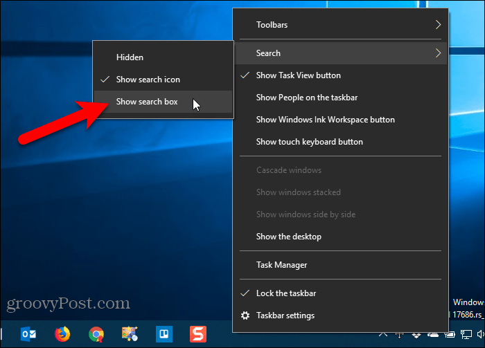Показать окно поиска настройки панели задач в Windows 10