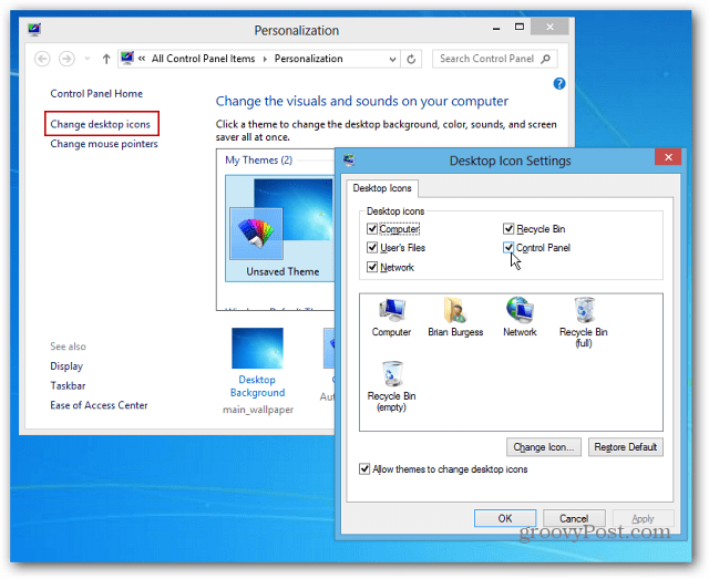 Как закрепить значок панели управления на панели задач Windows 8