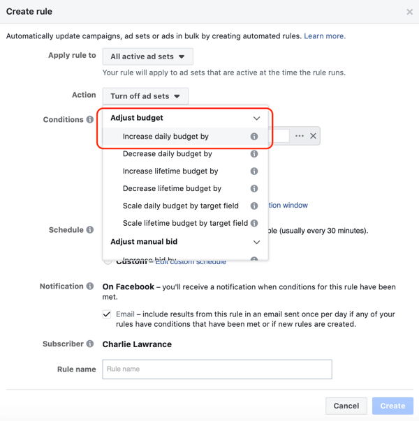 Используйте автоматические правила Facebook, увеличивайте бюджет, когда ROAS больше 2, шаг 1, установите действие