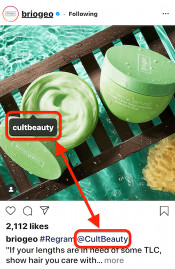 сообщение в instagram от @briogeo, показывающее тег сообщения и подпись @mention для @cultbeauty, чей продукт изображен на изображении