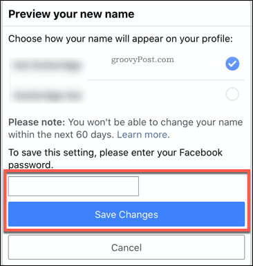 Подтверждение изменения имени Facebook в мобильном приложении