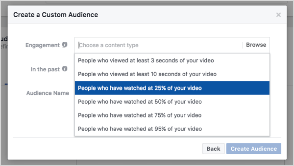 Индивидуальная аудитория Facebook на основе 25% просмотров видео.