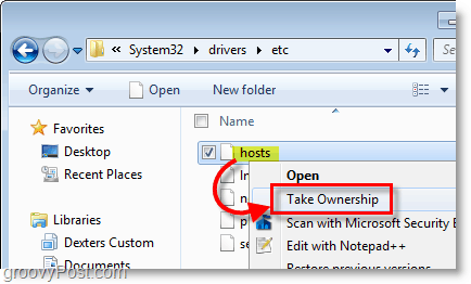 Скриншот Windows 7 - используйте контекстное меню правой кнопкой мыши, чтобы получить право собственности на любой файл в Windows 7