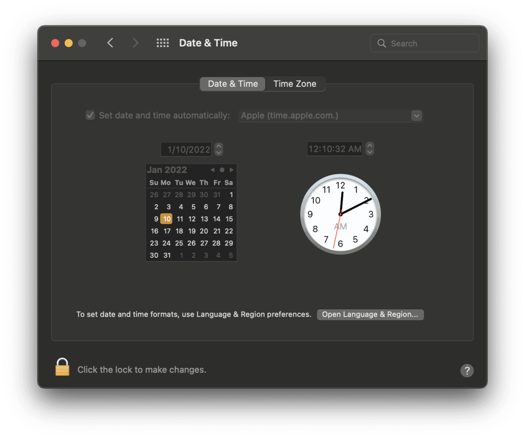 Экран «Дата и время» в Системных настройках