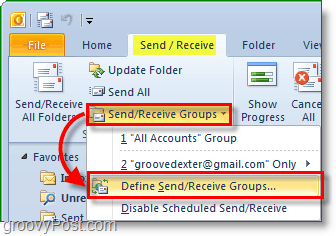 Снимок экрана Outlook 2010 - отправлять и получать группы - определять группы