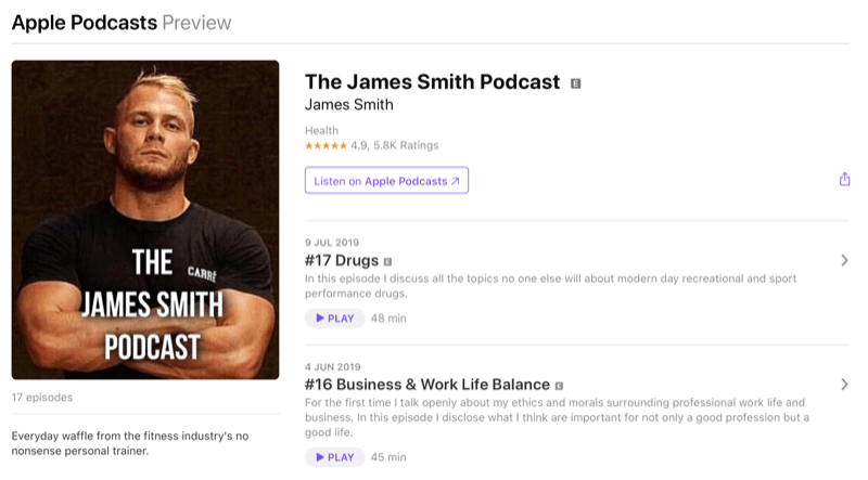 Стратегия маркетинга в социальных сетях; Скриншот подкаста Джеймса Смита на Apple Podcasts. Джеймс - известный влиятельный человек в фитнес-сфере.