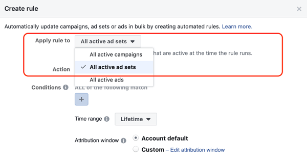 Используйте автоматические правила Facebook, остановите набор объявлений, когда расходы в два раза превышают затраты и меньше одной покупки, шаг 1, применить ко всем рекламным наборам