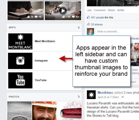 социальные приложения на левой боковой панели страницы facebook