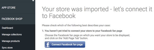 После того, как ваш магазин будет импортирован через приложение StoreYa, убедитесь, что он подключен к Facebook.