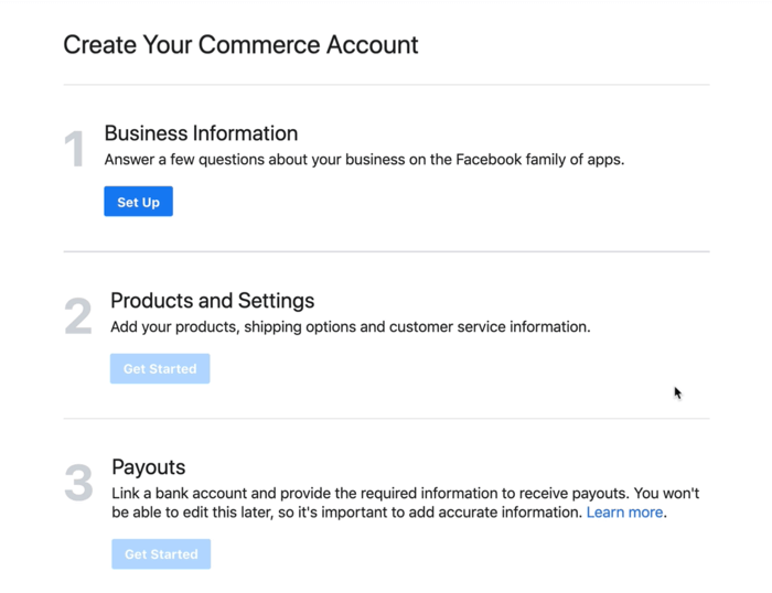 диалоговое окно для настройки бизнес-информации для вашей учетной записи facebook commerce