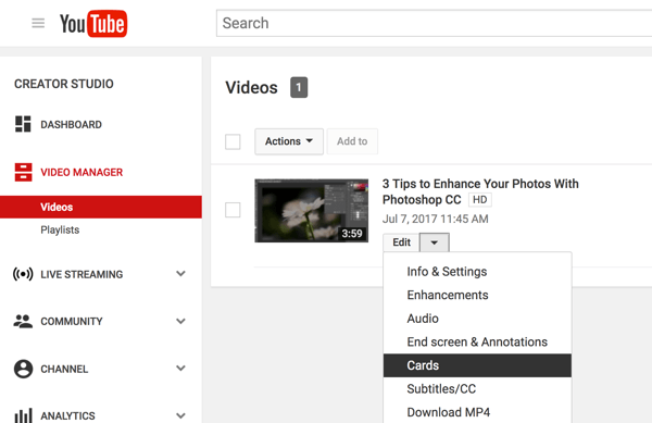 В Менеджере видео YouTube нажмите стрелку вниз рядом с кнопкой «Изменить» и выберите «Карты».