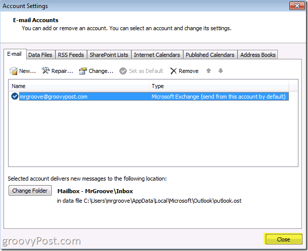 Кнопка закрытия снимка экрана Outlook 2010 для сохранения сбережений аккаунта