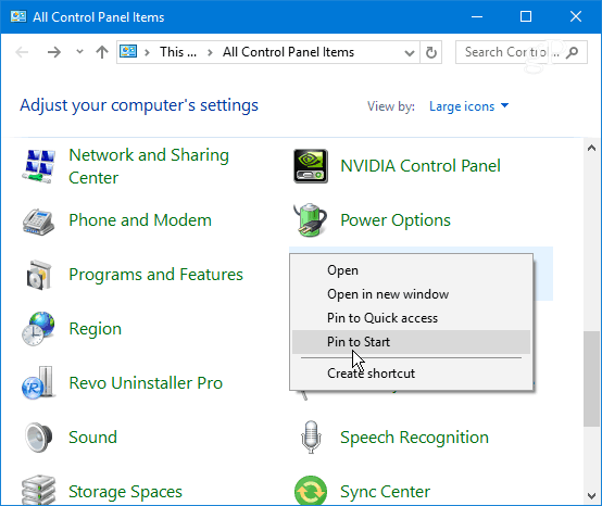 Контактный элемент панели управления Windows 10 Start