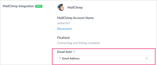 В разделе «Интеграция Mailchimp» щелкните поле «Поле электронной почты» и выберите настраиваемое поле, которое вы создали для сбора адресов электронной почты. 