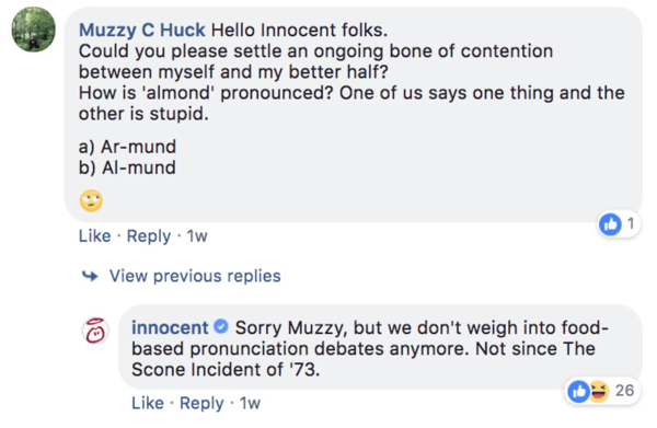 Пример ответа Innocent на вопрос-комментарий к публикации в Facebook.