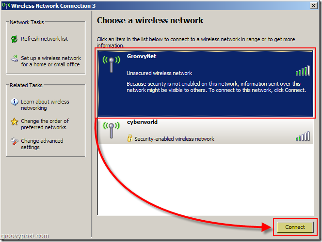 Windows XP Меню для выбора скриншота беспроводной сети:: groovyPost.com
