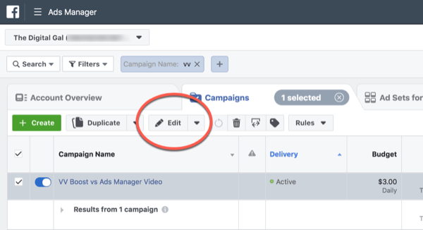Оптимизация Facebook ThruPlay для редактирования кампании 10-секундных просмотров, шаг 1.