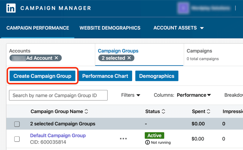 Панель управления менеджером кампаний linkedin с выделенной кнопкой создания группы кампаний