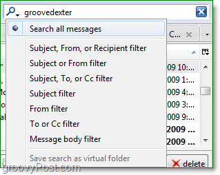 изображение окна поиска и фильтров в Thunderbird 3