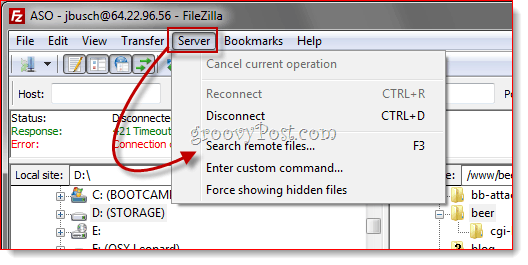Удаленный поиск файлов FTP FileZilla
