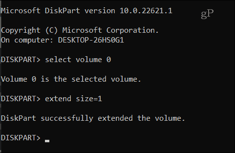 Команда Diskpart расширить vol