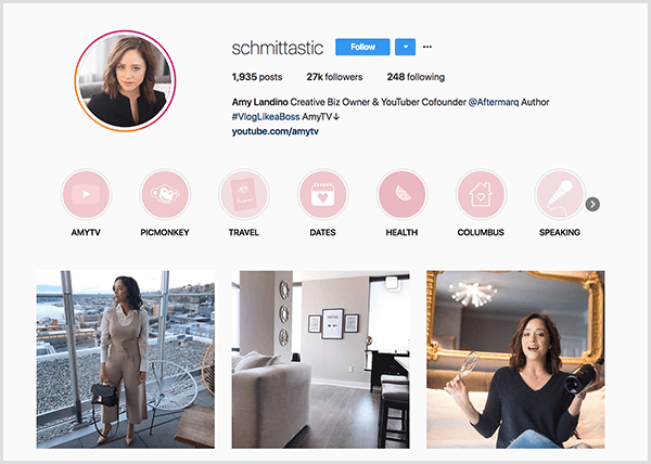 В профиле Эми Ландино в Instagram используется шмиттастская ручка. В ее профиле в Instagram показаны категории Highlight для AmyTV, Picmonkey, Travel, Dates, Health, Columbus и Speaking. На фотографиях представлены фотографии Эми.