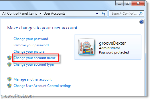 изменить имя учетной записи в Windows 7