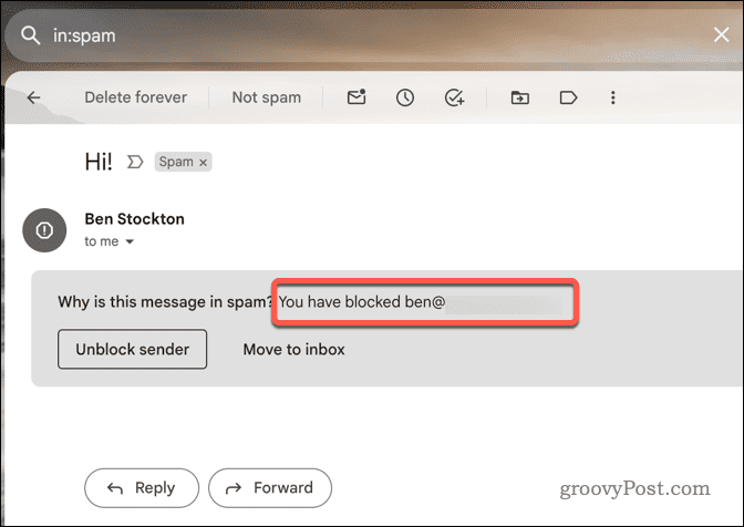 Пример заблокированного письма в Gmail