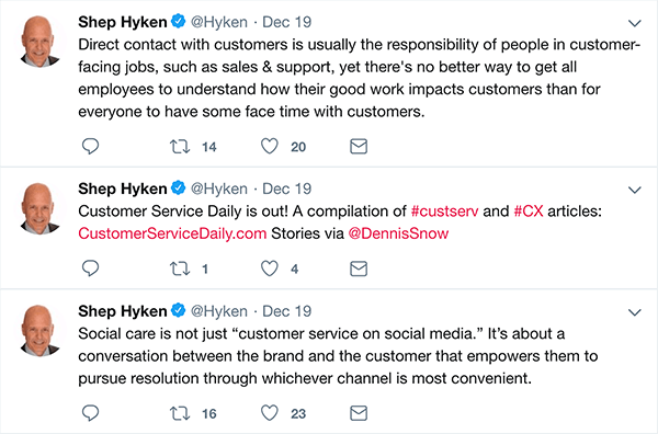 Это скриншот трех твитов, которые Шеп Хайкен написал об обслуживании клиентов.