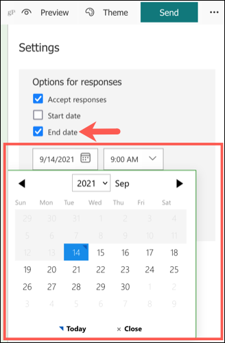 Установите дату окончания в Microsoft Forms