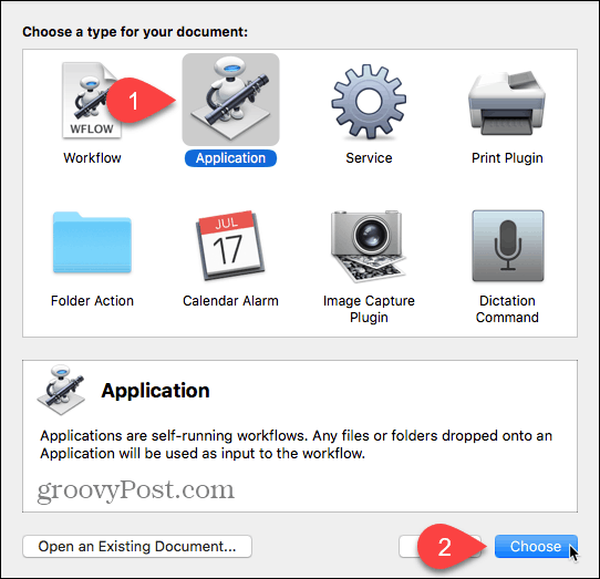 Выберите приложение в качестве типа документа в Automator