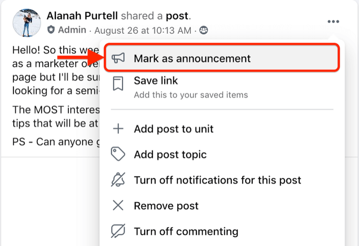 опция меню сообщения группы facebook, чтобы пометить конкретное сообщение как объявление