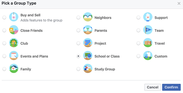 Выберите тип группы, который отражает то, как вы хотите быть отнесены к категории при поиске.