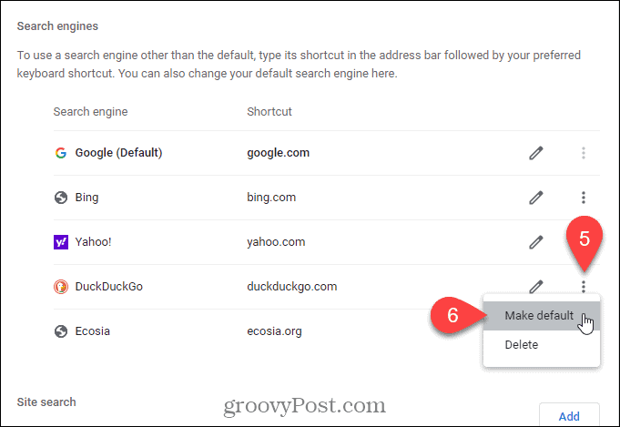 Выберите «Сделать по умолчанию» для поисковой системы, которую вы хотите использовать по умолчанию, на странице «Новая вкладка» в Chrome.