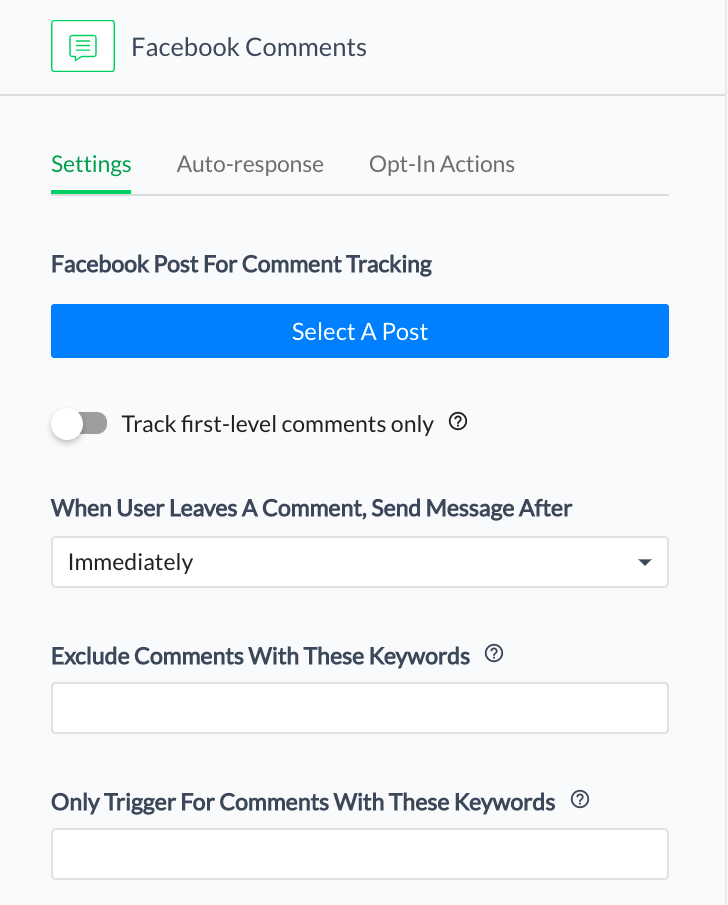 Выберите свой пост в Facebook и введите ключевое слово, которое пользователи будут вводить в комментариях, чтобы запустить бота.
