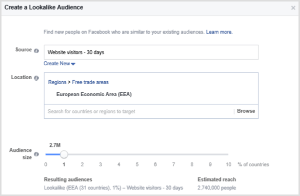 Выберите параметры для настройки похожей аудитории Facebook на основе индивидуализированной аудитории посетителей веб-сайта за последние 30 дней.