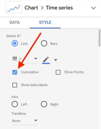 Используйте Google Data Studio для анализа вашей рекламы в Facebook, шаг 24, настройка стиля диаграммы для строки совокупных данных