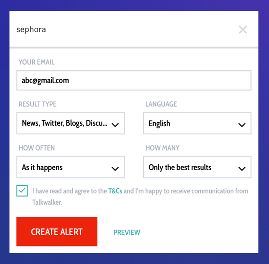 Как использовать Talkwalker Alerts для прослушивания социальных сетей, Шаг 2 настройки предупреждений.