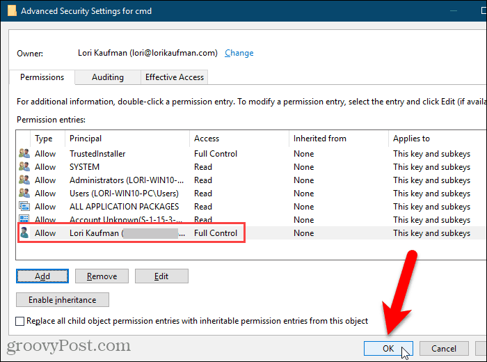 Закройте диалоговое окно «Дополнительные параметры безопасности» в реестре Windows.