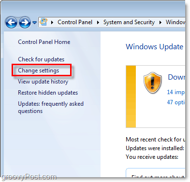 Windows 7 - Скриншот ссылки конфигурации Windows Update