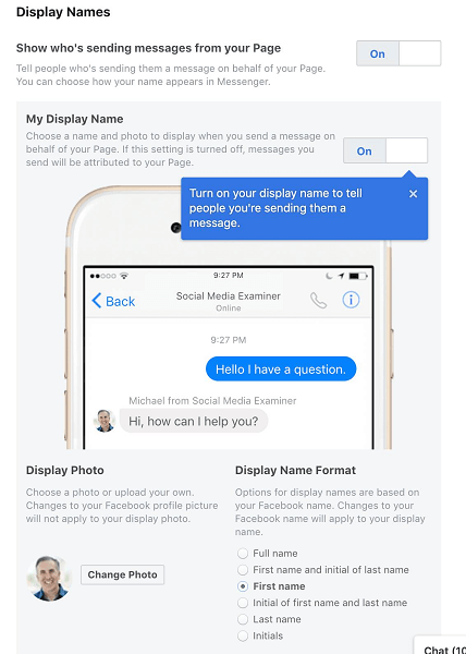 Facebook позволяет администраторам страниц выбирать свое отображаемое имя, когда они используют Messenger от имени своей страницы или бизнеса.