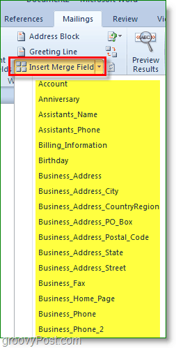 Снимок экрана Outlook 2010 — вставьте дополнительные настраиваемые поля, хотя это необязательно