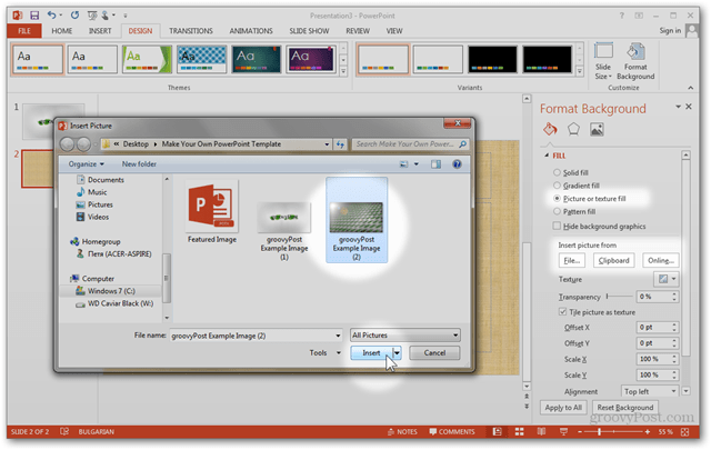 Шаблон Office 2013 Создание Создание нестандартного дизайна Учебное пособие по настройке слайдов POTX Как отформатировать фоновый рисунок Импорт изображения