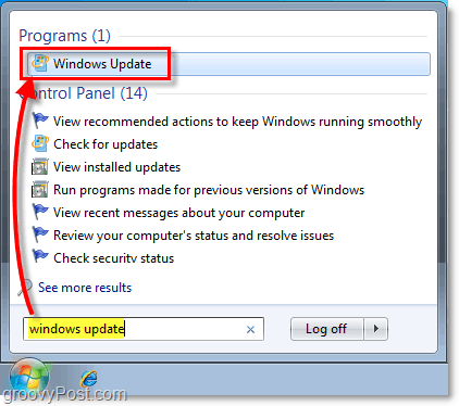 Запустите Windows 7 Центр обновления Windows: снимок экрана