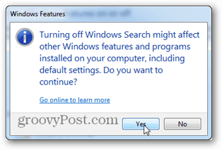 Отключение поиска Windows может повлиять на другие функции и программы Windows, установленные на вашем компьютере, включая настройки по умолчанию. Вы хотите продолжить?