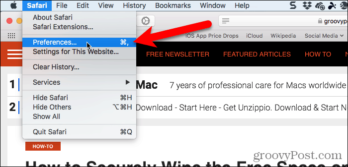 Перейдите в Safari> Настройки в Safari для Mac.