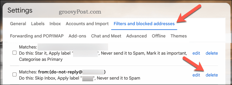 Кнопка «Удалить фильтр» в Gmail