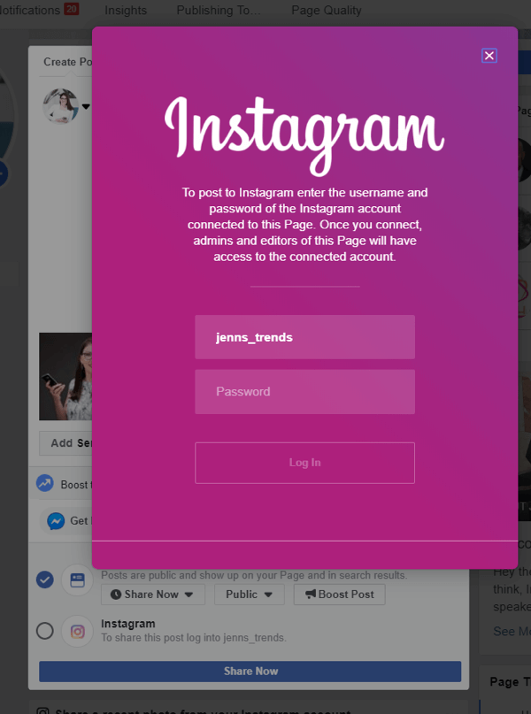 Как сделать кросс-пост в Instagram из Facebook на рабочем столе, шаг 4, войдите в Instagram